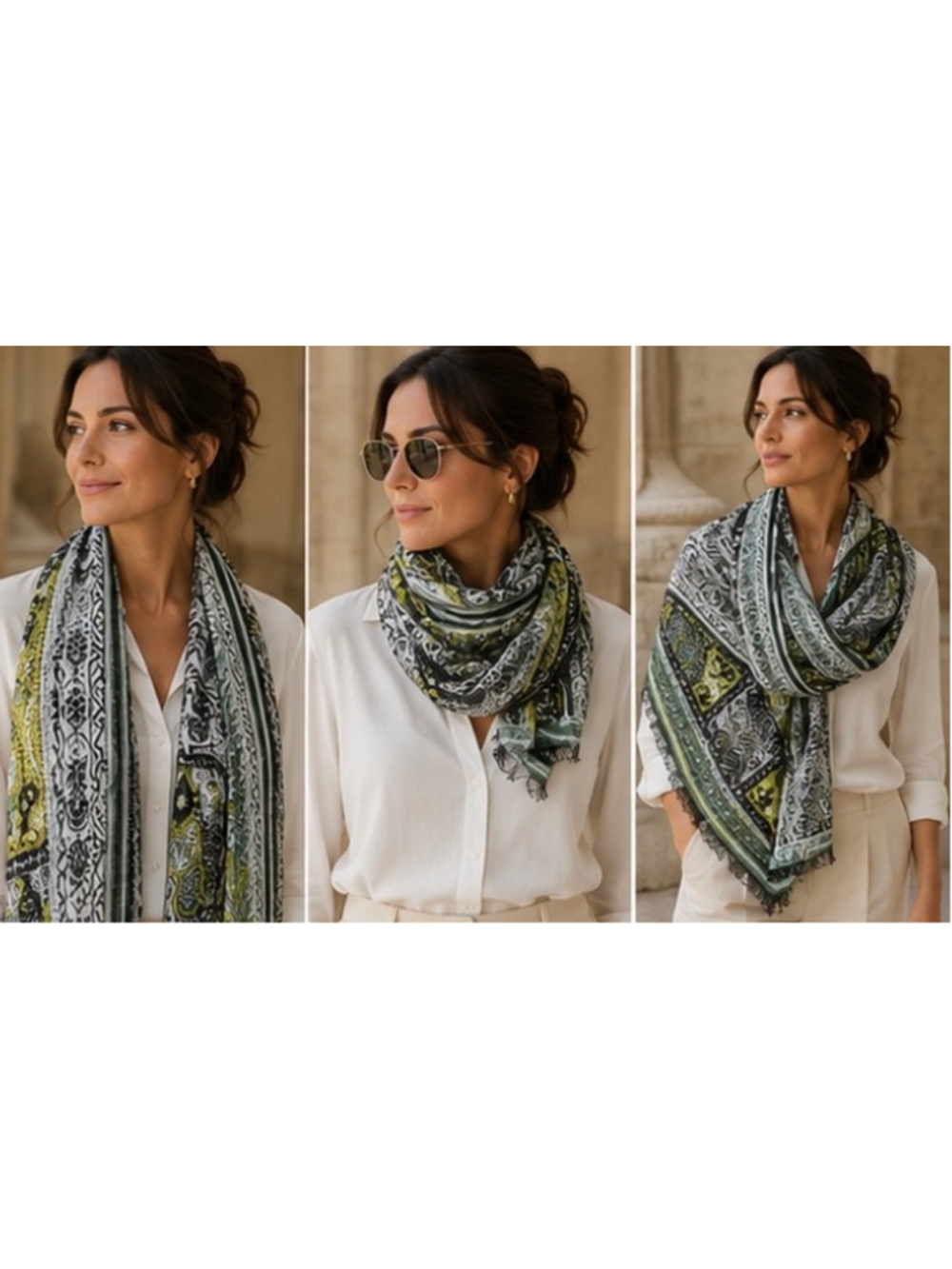 Women's Etro 100% Linen Scarf One Size Green Black Paisley Print New Boho - Picture 2 of 4